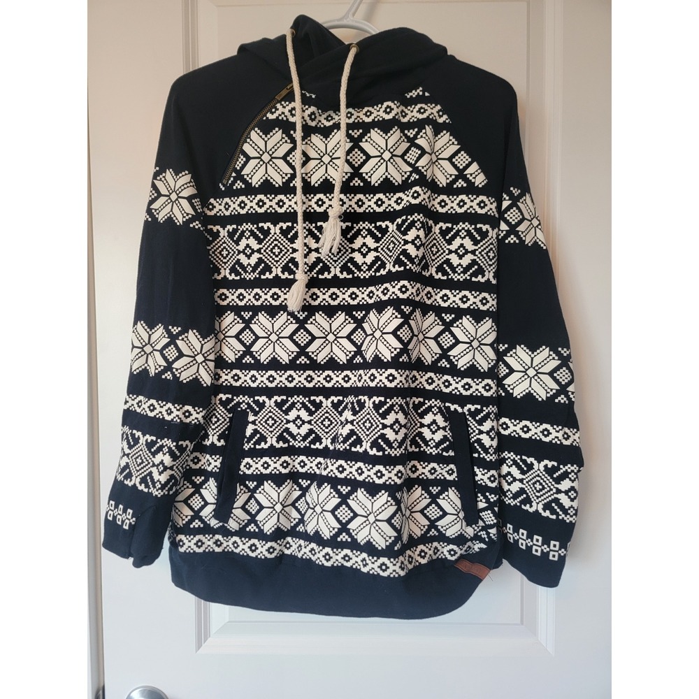 Ampersand Ave Double Hood Hoodie Navy White Fair Isle Snowflake Large Womens